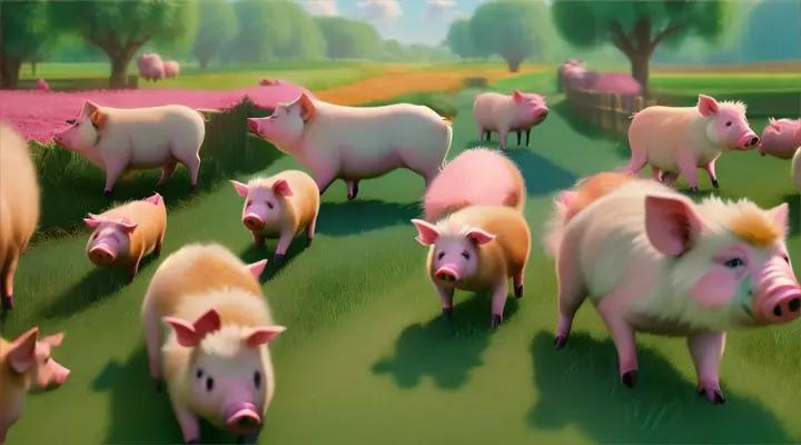 a brood of pigs running around in a lush green farm, 3d animation