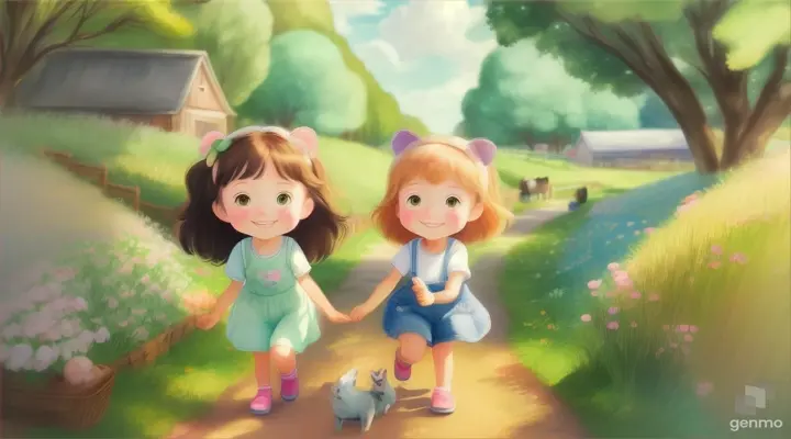  Cartoon girls traveling farm with animals friend 