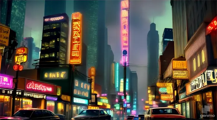 a realistic photo of a neo noir city at night with neon signs, bustling street, neon signs, a mix of seedy alleyways and gleaming buildings. Rain