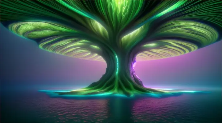 digital art of tree under the sea with vibrant neon green radiant glows