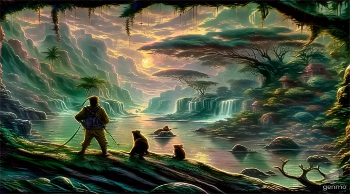 a painting of a man and a monkey in a jungle