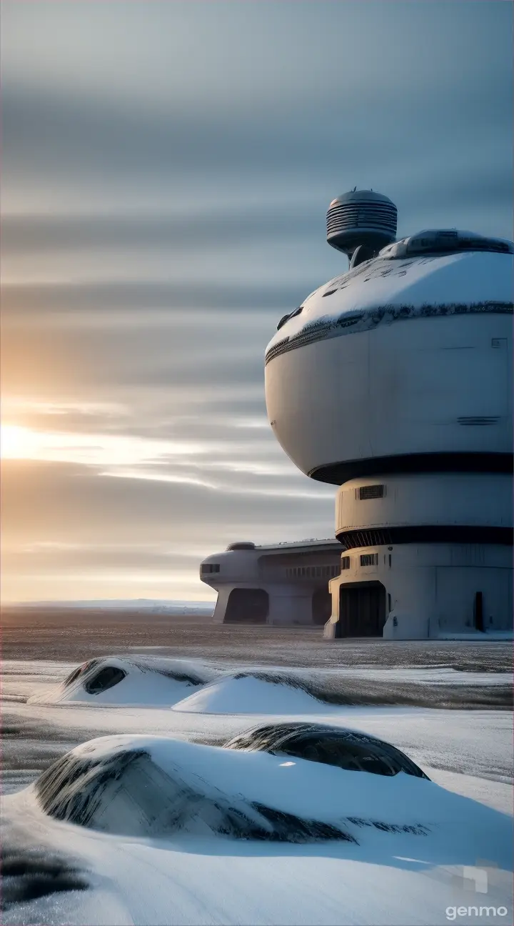 Abandoned military base, with sci-fi vehicles scattered in a snowy tundra