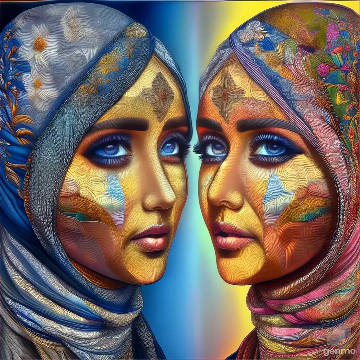 a painting of two women wearing headscarves