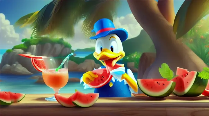 Donald duck drinking watermelon juice on a fantasy French island