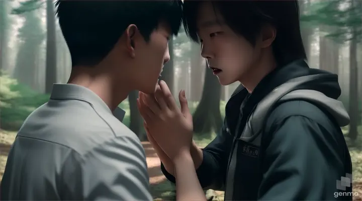 korean boy touching "girl say don't touch me" and she pushed back him in horror forest