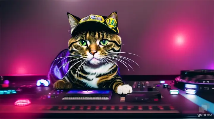 Illustrate an adult cat DJ spinning the hottest tracks at a vibrant club, decked out in hip-hop attire complete with a stylish baseball cap and bling."