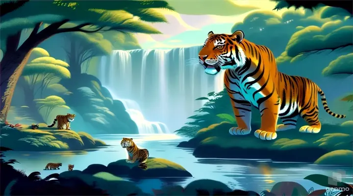 a painting of a tiger in the jungle