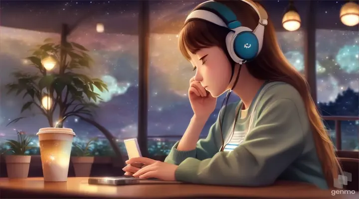 a girl wearing headphones, studying at the corner in the coffee shop, the starlight shying, listening to techno music, focusing on the surrounding view, size 1280x720, in Studio Ghibli style