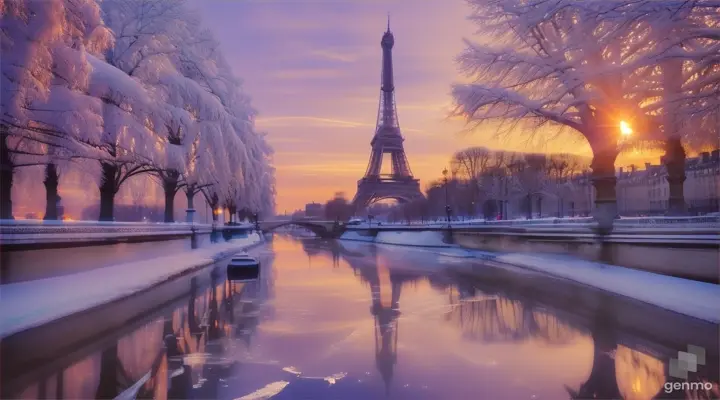 The Eiffel Tower covered by a thin layer of ice at winter sunrise with soft, ethereal hues of blue and purple