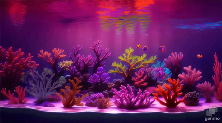 Purple neon sign submerged underwater, illuminating a vibrant coral reef