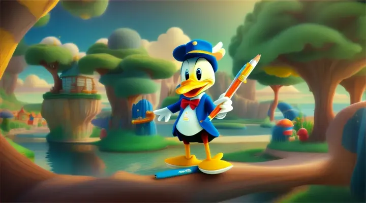 Donald Duck riding a pencil on a fantasy pencil world