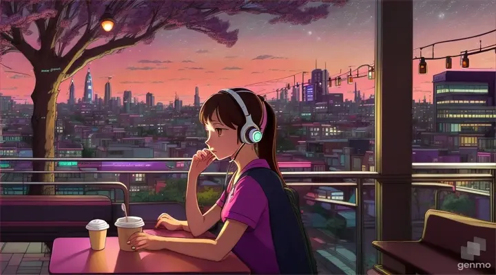 a girl wearing headphones, at the corner of the coffee shop, the starlight shying, listening to techno music, focusing on the surrounding view, size 1280x720, in Studio Ghibli style