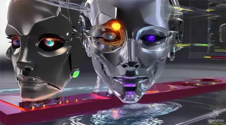 female cyborg head with a glass crainium veiw of a brain with flashing lights, rising from a lake bed