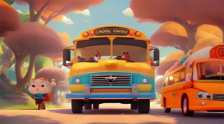 cute Cartoon animals riding an open school bus on a fantasy island