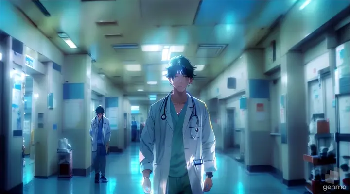 A male doctor is walking tiredly in the hospital corridor