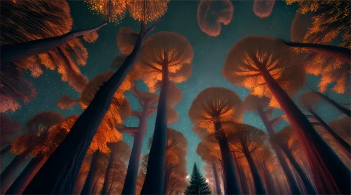 Bottom-up view of trees in a glowing forest, surrounded by fireflies and mushrooms