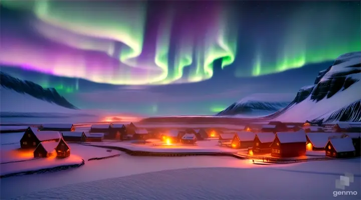 Dazzling aurora borealis over a snow-covered Viking village, magical night, digital art