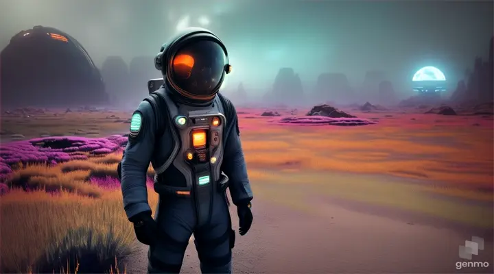 Abandoned astronaut suit on a colorful alien planet, eerie yet beautiful, digital art