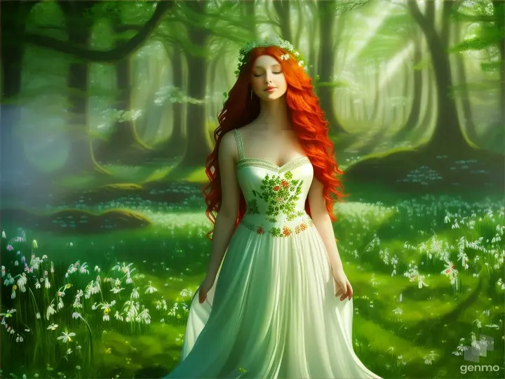 A beautiful goddess with long red hair & a shamrock tattoo standing in a lush green forest, sunlight, snopdrops, dandelions, springtime. Landscape.