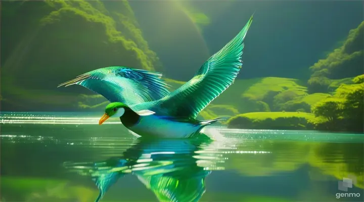 The image depicts a vibrant and lush green landscape, with a clear, serene body of water occupying the foreground. In the center of the water, a majestic bird, known as the "jal murgi" or water chicken, gracefully glides across the surface. Its sleek, iridescent feathers shimmer in the sunlight, reflecting hues of blue and green. With long, slender legs, it effortlessly skims the water, its beak poised elegantly as it searches for prey beneath the surface. Surrounding the bird, delicate ripples form, creating a sense of movement and vitality in the tranquil scene. The "jal murgi" epitomizes grace and adaptability, perfectly adapted to its aquatic habitat. 16:9,






