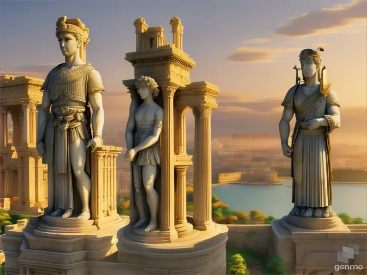 Landscape with 2 towering statues, 50-feet tall of ancient roman Emperors, overlooking an ancient large city of Carthage on the shores of a winding river, morning light, anime 2D cell shading style, in the style of Makoto Shinkai style --s 1000 --ar 3:2 --niji 5 --q 2