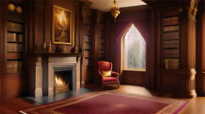 A plush velvet chair in front of a grand fireplace in an enchanted library