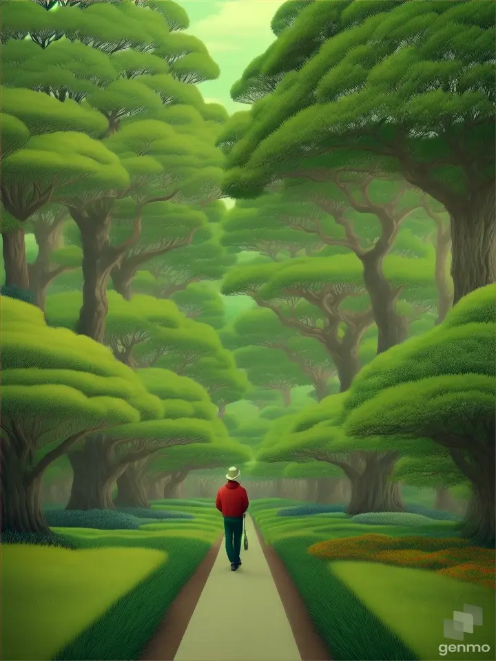 8k uhd a man is looking over the tree lines and forests, in the style of yuko shimizu, detailed foliage, green, emily kame kngwarreye, mark catesby, trompe illusionistic detail, spiky mounds --ar 3:4 --s 750 --v 5.1 --style raw 9:16