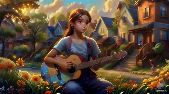 a painting of a girl playing a guitar