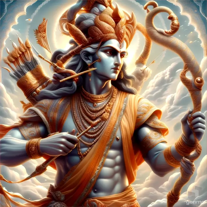 Indian god holding a bow and arrow, standing amidst an enchanted garden with exotic flowers and animals