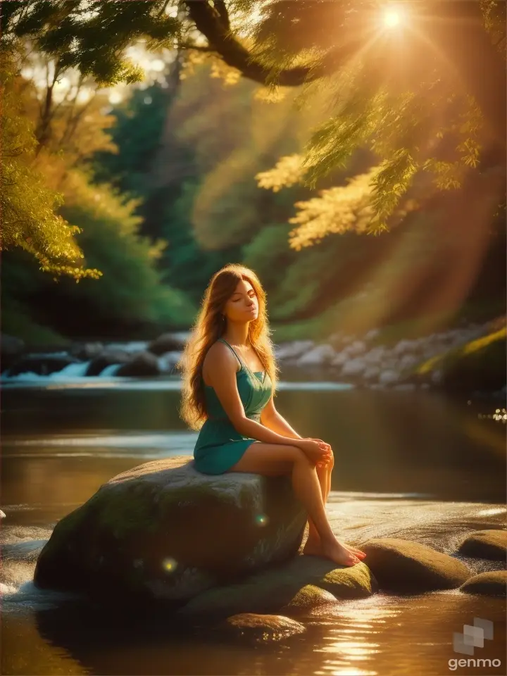 Woman seating on rock near river