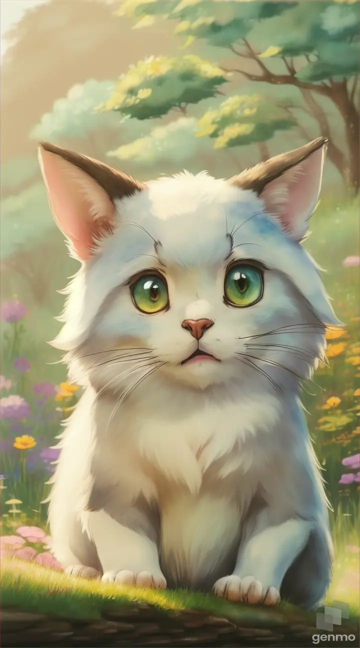 showcases a lovable animal character in the style of Studio Ghibli. Incorporate elements such as expressive eyes, playful poses, and nature-inspired backdrops to capture the essence of Ghibli's endearing characters. 9:16