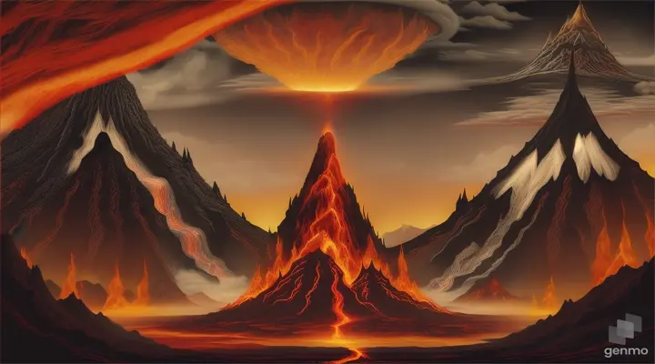 Land of Mordor, mountains illuminated by a volcano, lava descending and forward a tower with a giant eye on top, lion's pupil, red eye, black smoke, Lord of the Rings, Sauron, all-seeing eye, Sauron's eye, fantasy, bluish, orange, yellow and red tones, T-shirt design, midjourney, vector art, hydro74,lion in front