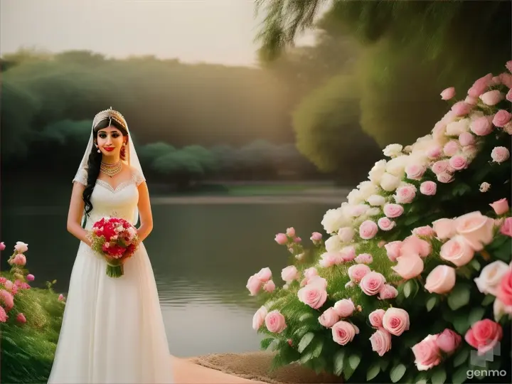 A contemporary Egyptian bride wearing a white dress, standing next to the Nile River, surrounded by roses and trees. full hd  surrounded by roses and rich foliage in an exotic, mystical garden