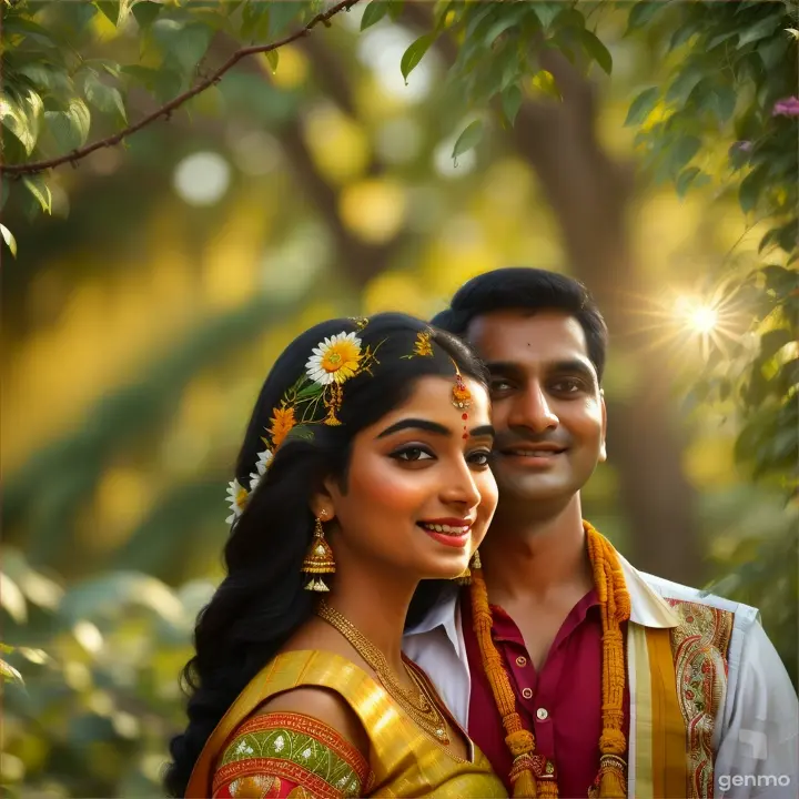 Indian people standing amid lush foliage, with vibrant colors and the sun shining through, symbolizing renewal and hope