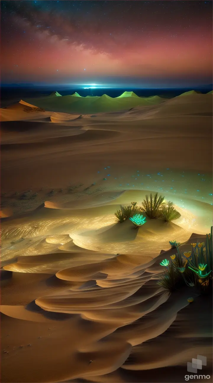 Bioluminescent desert landscape under a star-studded sky, dunes appearing to sway rhythmically as if breathing, vibrant colors of blue and green emanating from within the grains, flora and fauna with.....8k  9/16