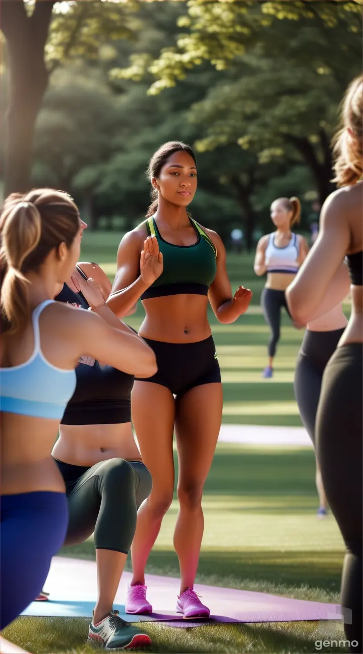 woman doing physical activities, it's a park, there are women doing yoga, running, exercising around, ultra realistic detailed