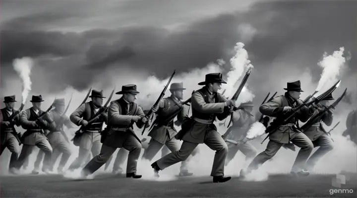 soldiers of the American Civil War charging with ballonets against each other the forces of the Northern states (the Union) against the newly formed Confederate States of America, between smoke and fire in raw digital 3d without color