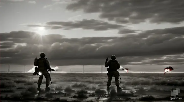 American soldier on his knees with his arms open with flares in both hands making signals with a colleague in front of him wounded helicopters passing over him in a plane leaving from behind and passing over he is in a field full of barbed wire and full of mud and puddles raining between smoke and fire in raw digital 3d without color in the foreground