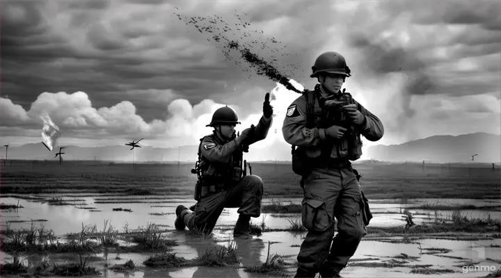 American soldier on his knees with his arms open with flares in both hands making signals with a colleague in front of him wounded helicopters passing over him in a plane leaving from behind and passing over he is in a field full of barbed wire and full of mud and puddles raining between smoke and fire in raw digital 3d without color In Vietnam in the foreground Looking up with his arms crossed as the helicopters pass low above him