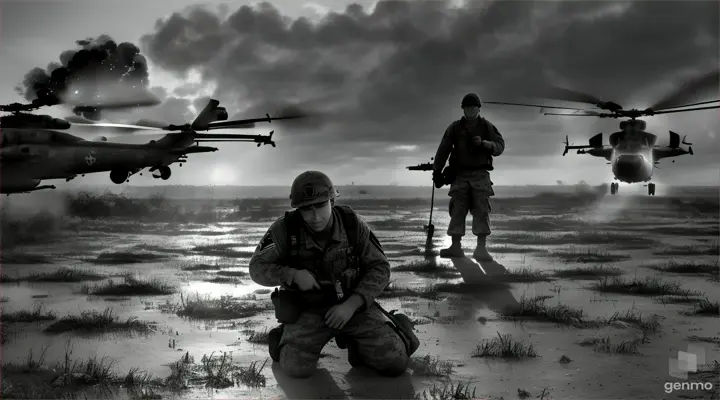 arms crossed with two flares in his hand American soldier looking up waiting for a miracle on his knees in the Vietnam War, with another soldier lying on the ground wounded among mud and puddles several helicopters fly above them arms open in sign of help in raw digital 3d black and white