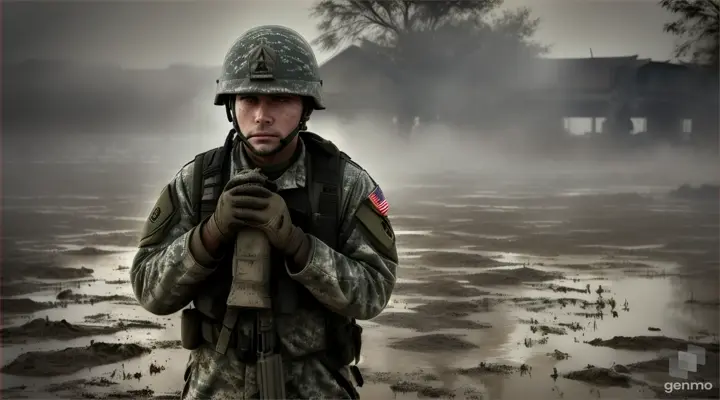 American soldier standing crestfallen holding his helmet with both hands crying a dove perches on his helmet children run to hide scared among smoke, mud and puddles all dirty with mud they are Vietnamese children helicopters fly overhead 3d raw digital in black and white represents the cruelty of war