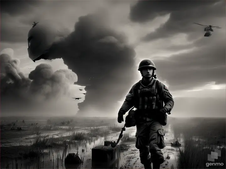 American soldier standing crestfallen holding his helmet with both hands crying a dove perches on his helmet children run to hide scared among smoke, mud and puddles all dirty with mud they are Vietnamese children helicopters fly overhead 3d raw digital in black and white represents the cruelty of war