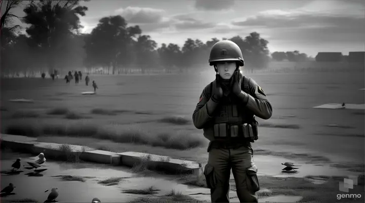 American soldier standing crestfallen holding his helmet with both hands crying a dove perches on his helmet children run to hide scared among smoke, mud and puddles all dirty with mud they are Vietnamese children helicopters fly overhead 3d raw digital in black and white represents the cruelty of war