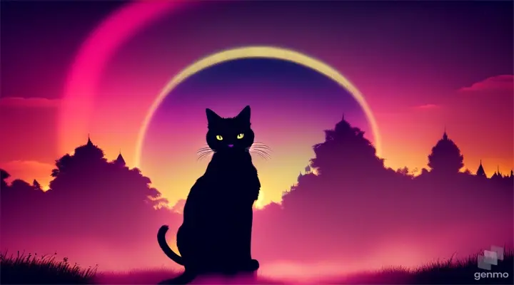 Silhouette of the Cat DJ against an indigo jungle landscape, his eyes gleaming in the moonlight