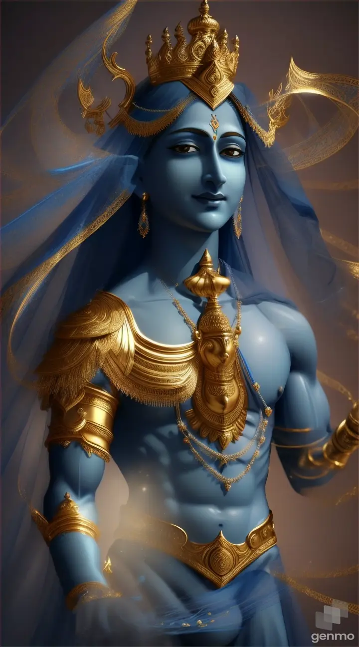 Create a beauful soothing satisfying mobile live 4 d wall paper of Lord Krishna ( artistic ) basedainly on blue with stunning special effects, vfx, perfect and prominent features, should be very unique and divine satisfying, calming, stable diffusion Alchemy, 8K, 9:16 ratio