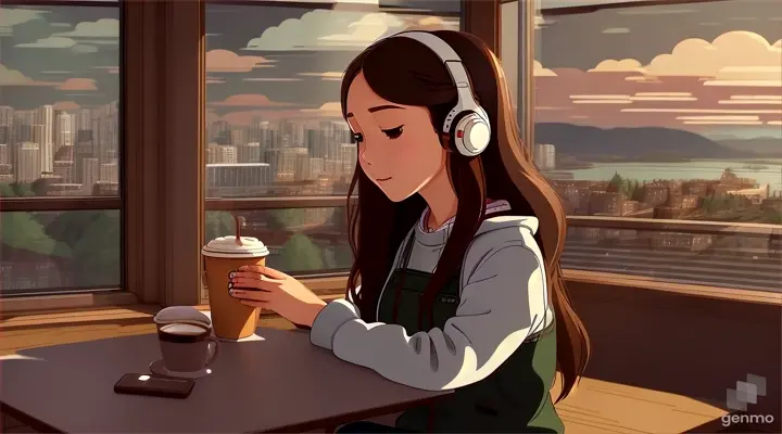 a long brown hair girl wearing headphones, at the corner of the coffee shop, listening to techno music, focusing on the Vancouver of Canda view, size 1280x720, in Studio Ghibli style