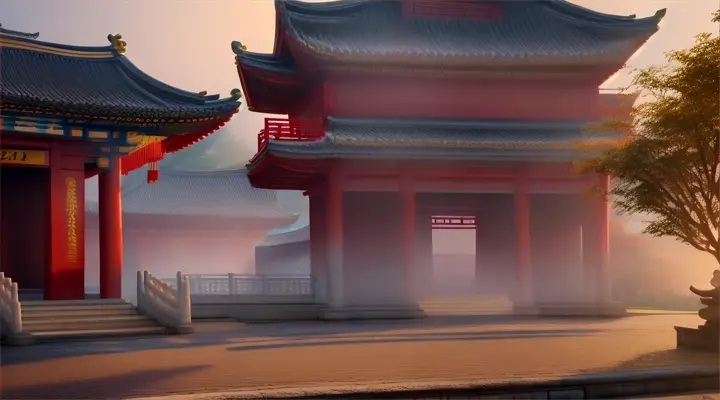 Animation traditional chinese temple in the morning. seamless 4k video background.