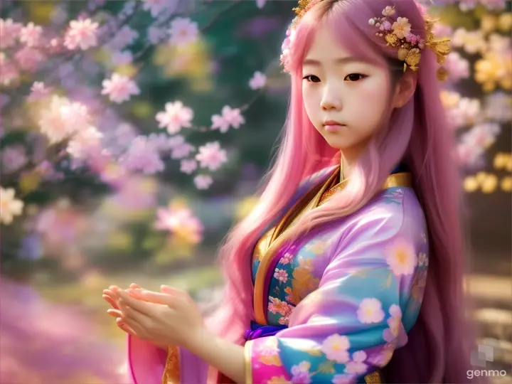 The image depicts a character with their face blurred, surrounded by a serene and mystical environment. The character has long, flowing pink hair adorned big blue eye smile Japanese girl wearing colorful kimonos adorned with floral patterns a little with flowers and wears intricate golden jewelry. horizontal image