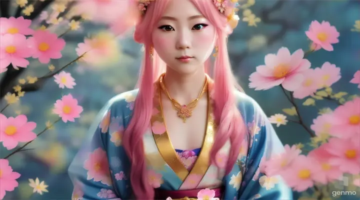 The image depicts a character with their face blurred, surrounded by a serene and mystical environment. The character has long, flowing pink hair adorned big blue eye smile Japanese girl wearing colorful kimonos adorned with floral patterns a little with flowers and wears intricate golden jewelry. horizontal image