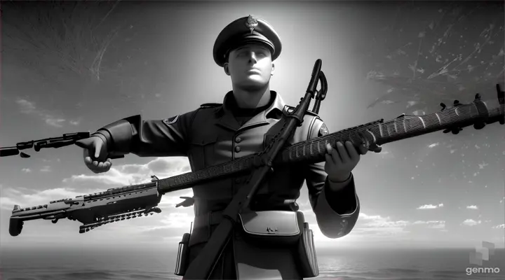 an acoustic guitar just 'that gets lost in infinity lying behind him in perspective a flying dove all in raw digital 3d in black and whitethe guitar is bigger than the soldier, he is looking down in a pensive moden American mariner soldier standing with an olive branch in one hand and a rifle in the other with the peace symbol The guitar is the background of the image 360 degree image rotation